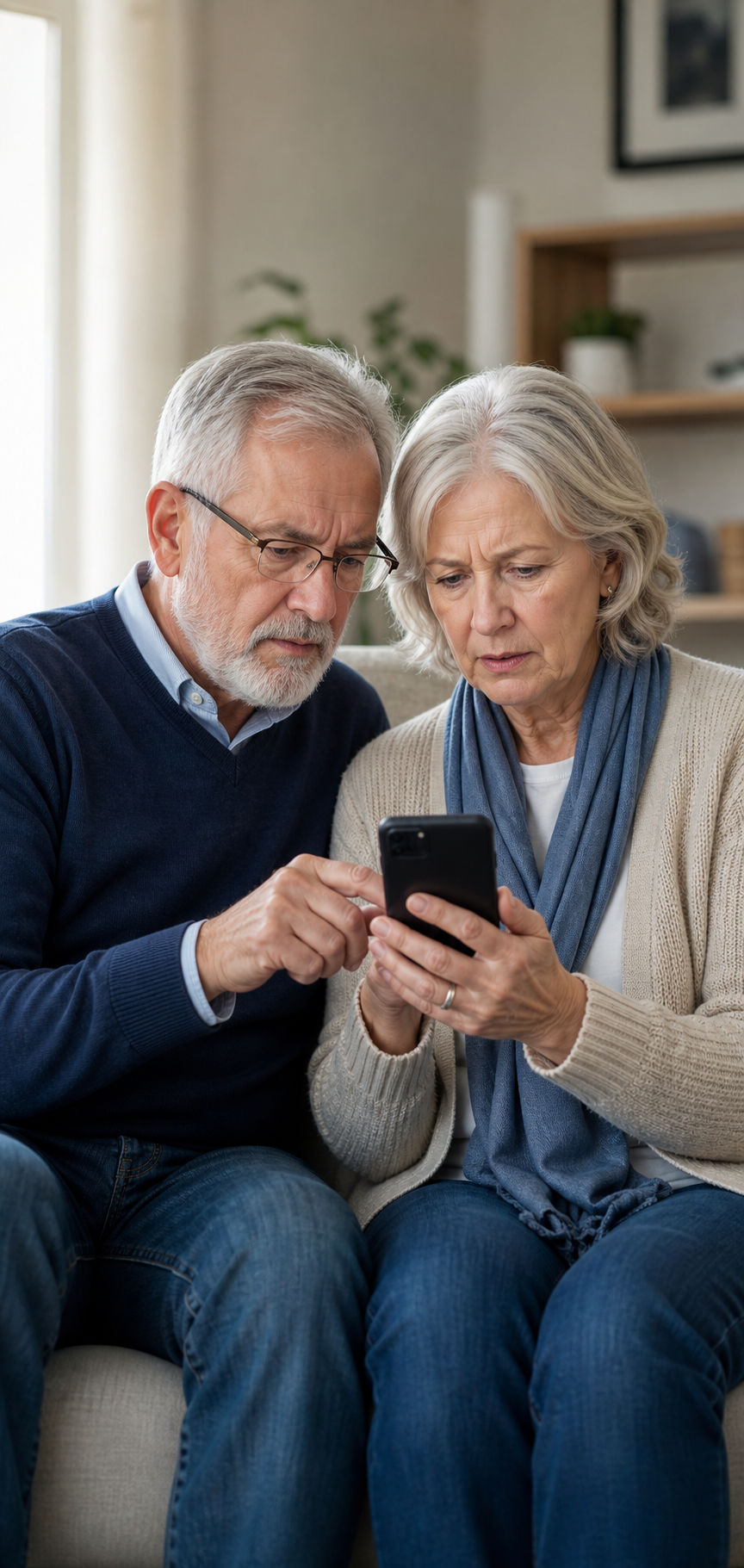 An older couple looking at a phone together with concern